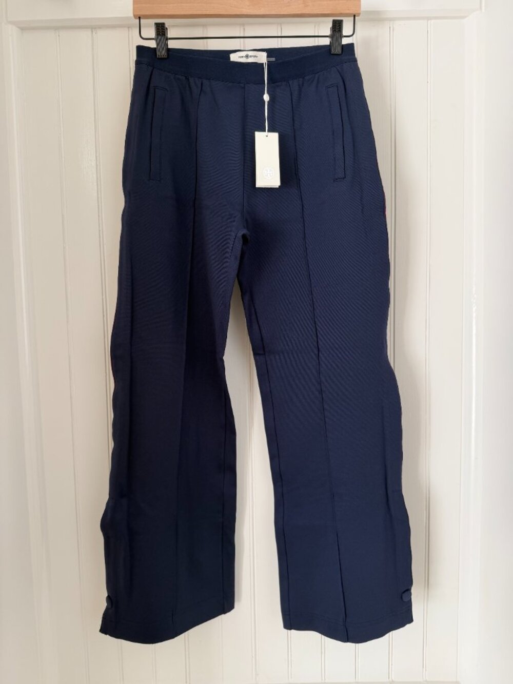 Tory Burch Sport Snap Track Pants — Navy Burgundy Stripe, Wide Leg, S NWT